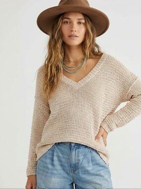 Free People Oversized Slouchy Drop Shoulder Top Bell Sleeve V-Neck Boho Coastal